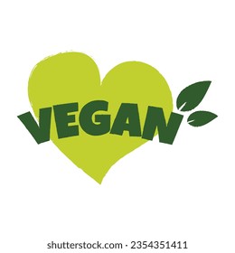 Vegan sticker, label, badge and logo. Ecology icon. Logo template with heart and leaves for vegan restaurant or vegan product. Vector illustration isolated on white background