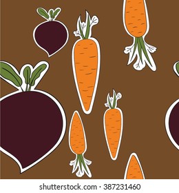 Vegan stickers pattern with carrots , beets and mushrooms, vector illustration
