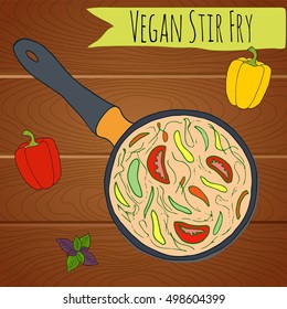 Vegan stir fry on wooden table. Vector illustration.