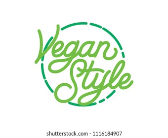 Vegan Style hand made lettering logo in original style. Hand drawn calligraphic green vegan eco template. Go Vegan vector design with line ornaments and fresh green leafs. Ready for all type of media