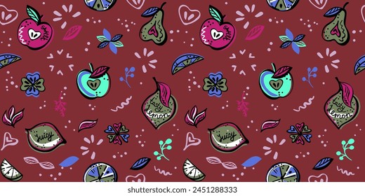 Vegan style seamless vector pattern with fruit, vibrant fantasy colors background template