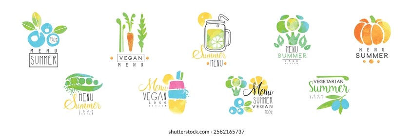 Vegan Summer Menu Bright Logo Design Vector Set
