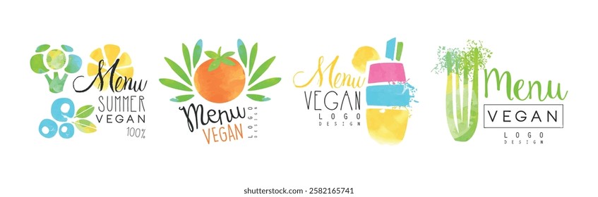 Vegan Summer Menu Bright Logo Design Vector Set