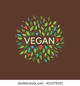 Vegan symbol with floral elements. Vector illustration.