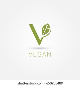 Vegan symbol, V icon. Vector illustration with leaf