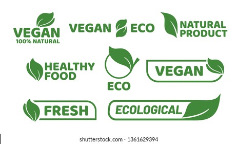 Vegan tag label. Veganism badge logo, vegetarian organic products and organic food badges. Green restaurant stamp or gluten free organic eco logotype. Vector isolated icons set