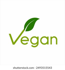 "Vegan" text logo design with a leaf symbol on the letter V.