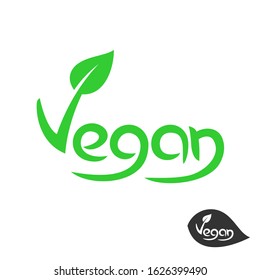 Vegan text logo with grean leaf on V letter. Plant based vegetarian food concept symbol.