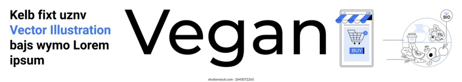 Vegan text with shopping cart, plant, and animal icons. Ideal for vegan stores, e-commerce, lifestyle blogs, educational content, food packaging, social media, and environmental campaigns. Landing