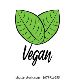 Vegan text with two green leaves product logo. Ecology friendly fresh organic food label vector illustration.