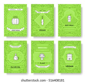 Vegan thin line brochure cards set. Vegetable template of flyear, magazines, posters, book cover, banners. Vegetarian outline invitation concept  background. Layout healthy diet modern pages