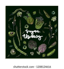 Vegan thinking card template concept. Vegan diet illustraion made in vector. Avocado, cucumber, green pepper, olive, fennel, broccoli, artichoke and asparagus with hand drawn lettering. 