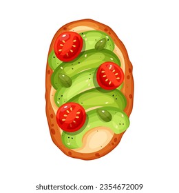Vegan toast, with avocado slices and tomato slices, on a slice of bread, vector illustration on white background