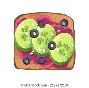 Vegan toast with vegetables. Square bread slice with fresh cucumber pieces, mashed beetroot and olives. Vegetarian snack. Healthy breakfast food. Flat vector illustration isolated on white background