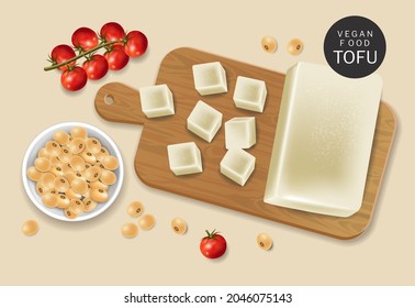 Vegan tofu cheese vector realistic. Soy beans and cherry tomatoes 3d detailed illustration