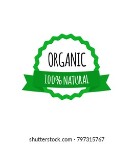 Vegan vector badge. Round eco green logo with ribbon. Tag for cafe, restaurants, packaging design.