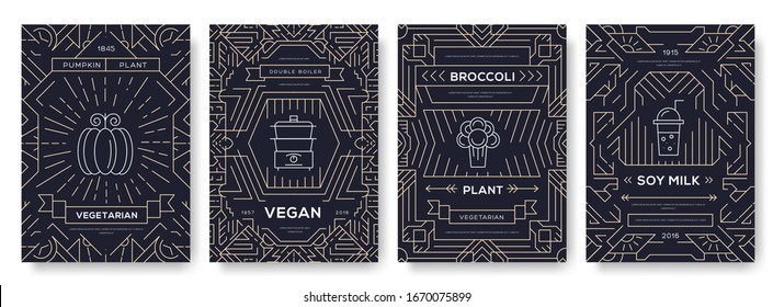 Vegan vector brochure cards set. Vegetable template of flyear, magazines, posters, book cover, banners. Vegetarian invitation concept  background. Layout healthy diet illustrations modern pages