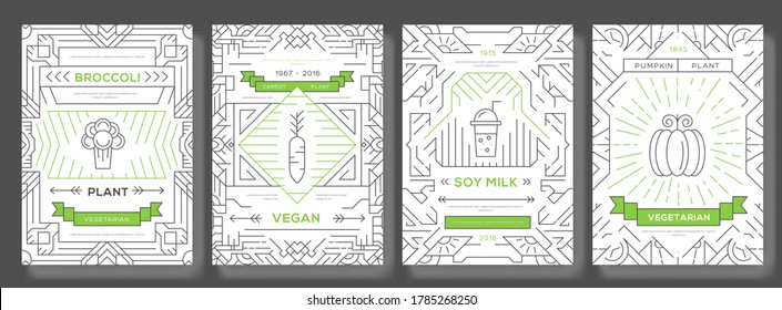 Vegan vector brochure cards set. Vegetable template of flyear, magazines, posters, book cover, banners. Vegetarian invitation concept  background. 