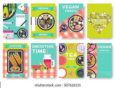 Vegan vector brochure cards set. Vegetable template of flyear, magazines, posters, book cover, banners. Vegetarian invitation concept  background. Layout healthy diet illustrations modern pages