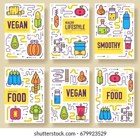 Vegan vector brochure cards set. Vegetable template of flyear, magazines, posters, book cover, banners. Vegetarian invitation concept  background. Layout healthy diet illustrations modern pages