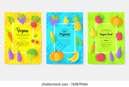 Vegan Vector Brochure Cards Set. Vegetable Template Of Flyear, Magazines, Posters, Book Cover, Banners. Vegetarian Invitation Concept Background. Layout Healthy Diet Illustrations Modern Pages