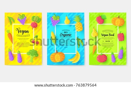 Vegan vector brochure cards set. Vegetable template of flyear, magazines, posters, book cover, banners. Vegetarian invitation concept background. Layout healthy diet illustrations modern pages