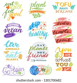 Vegan vector healthy vegetarian food eco vegetable fruit lettering sign illustration fruity handwritten logotype vegetated set of organic meal isolated on white background.