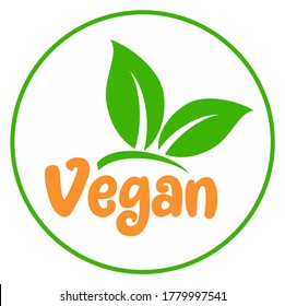 Vegan vector icon. Organic, bio, eco symbol. Vegan, no meat, lactose free, healthy, fresh and nonviolent food. Round green vector illustration with leaves for stickers, labels and logos