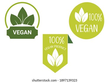 Vegan vector icon. Organic, bio, eco symbol. Vegan, no meat, lactose free, healthy, fresh and nonviolent food. Round green vector illustration with leaves for stickers, labels and logos