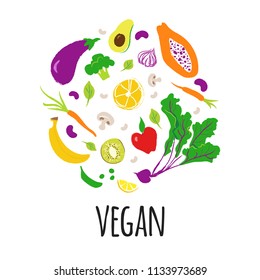 Vegan vector  illustration with  handdrawn fruits and vegetables. Cruelty free lifestyle concept. 