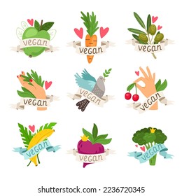 Vegan vector isolated icons with vegetables, fruits, berries and hands. Set of colourful labels for packaging design of vegetarian food. Collection of symbols for vegan lifestyle illustration