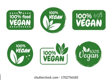 Vegan vector logo. 100% vegan. Round eco green logo. Vegan food sign with leaves. tag for cafe restaurants packaging design.