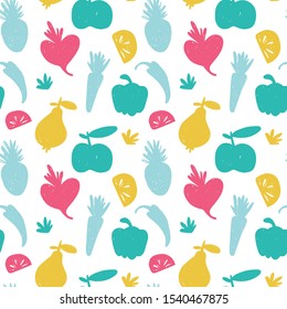 Vegan vector seamless pattern. Hand drawn fresh vegetables and fruits modern texture. Eco green cartoon design background