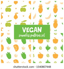 Vegan vector seamless patterns set. Hand drawn fresh vegetables and fruits modern textures collection. Eco green cartoon design backgrounds