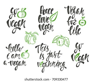 Vegan. Vector set of hand drawn  phrases, food design. Handwritten lettering quotes for restaurant, cafe menu, prints, posters. 