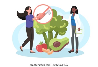 Vegan vegetable diet concept. Female character refused to eat meat. Healthy lifestyle. Vegetable menu with fruits and vegetables. Cartoon modern flat vector illustration isolated on white background