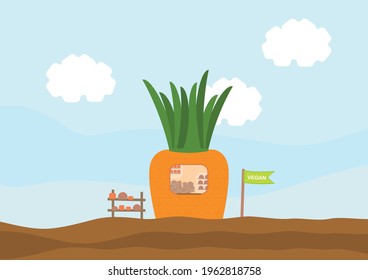 
Vegan vegetable shop in the open air. The store is shaped like a carrot.