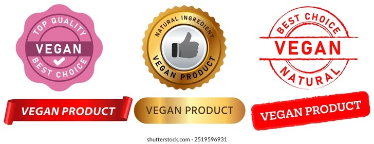 Vegan vegetable stamp colorful badges product best choice top quality organic vegetarian food sign sticker label design set collection illustration