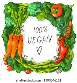 Vegan vegetarian border frame illustration with carrot, tomato, beans, paprika, pepper, broccoli, spinach