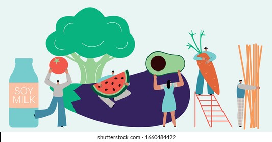 Vegan and vegetarian diet. Vegetarianism concept. Tiny people carry giant vegetables and fruit. Fresh organic food and healthy lifestyle. Grocery products for vegan menu. Flat vector illustration