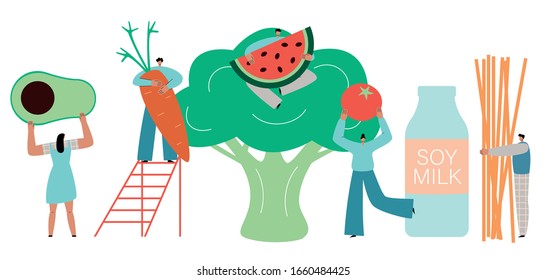 Vegan and vegetarian diet. Vegetarianism concept. Tiny people carry giant vegetables and fruit. Fresh organic food and healthy lifestyle. Grocery products for vegan nutrition. Flat vector illustration