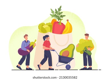 Vegan or vegetarian food abstract concept. Men and women put fresh ripe vegetables and fruits in paper bag. Proper healthy diet, diet or organic products. Cartoon modern flat vector illustration