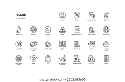 vegan vegetarian food allergy ingredient warning label detailed outline line icon set