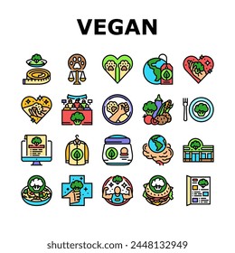 vegan vegetarian food leaf icons set vector. organic label, nature bio, eco green, badge healthy, fresh friendly, plant product vegan vegetarian food leaf color line illustrations