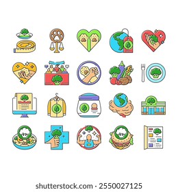 vegan vegetarian food leaf icons set vector. organic label, nature bio, eco green, badge healthy, fresh friendly, plant product vegan vegetarian food leaf color line illustrations