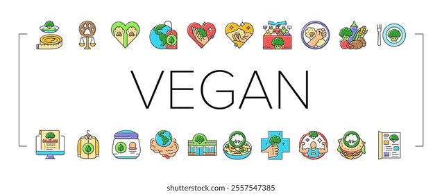 vegan vegetarian food leaf icons set vector. organic label, nature bio, eco green, badge healthy, fresh friendly, plant product vegan vegetarian food leaf color line illustrations