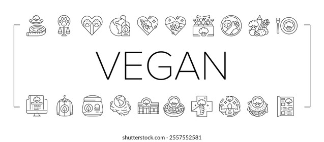 vegan vegetarian food leaf icons set vector. organic label, nature bio, eco green, badge healthy, fresh friendly, plant product vegan vegetarian food leaf black contour illustrations