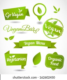 Vegan and vegetarian food, set of badges, emblems and stamps vector