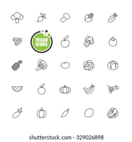 Vegan and Vegetarian food, Vegetables and fruits icons line set