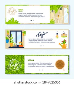 Veganische vegetarische grüne Café Vektorgrafiken. Cartoon-Flachbanner-Kollektion mit modernem Interieur und Möbeln von Veggie-Cafeteria oder Restaurant, Fensterfassade mit grünen Pflanzen, Topfblumen